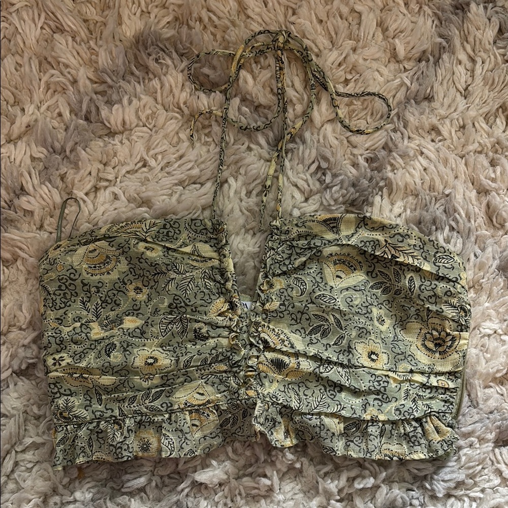 Zara Green and Yellow Ruched Bustier Crop Top